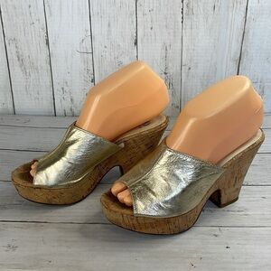 DEE KELLER gold Leather Cork Heel Wedge Platform Mule Sandals